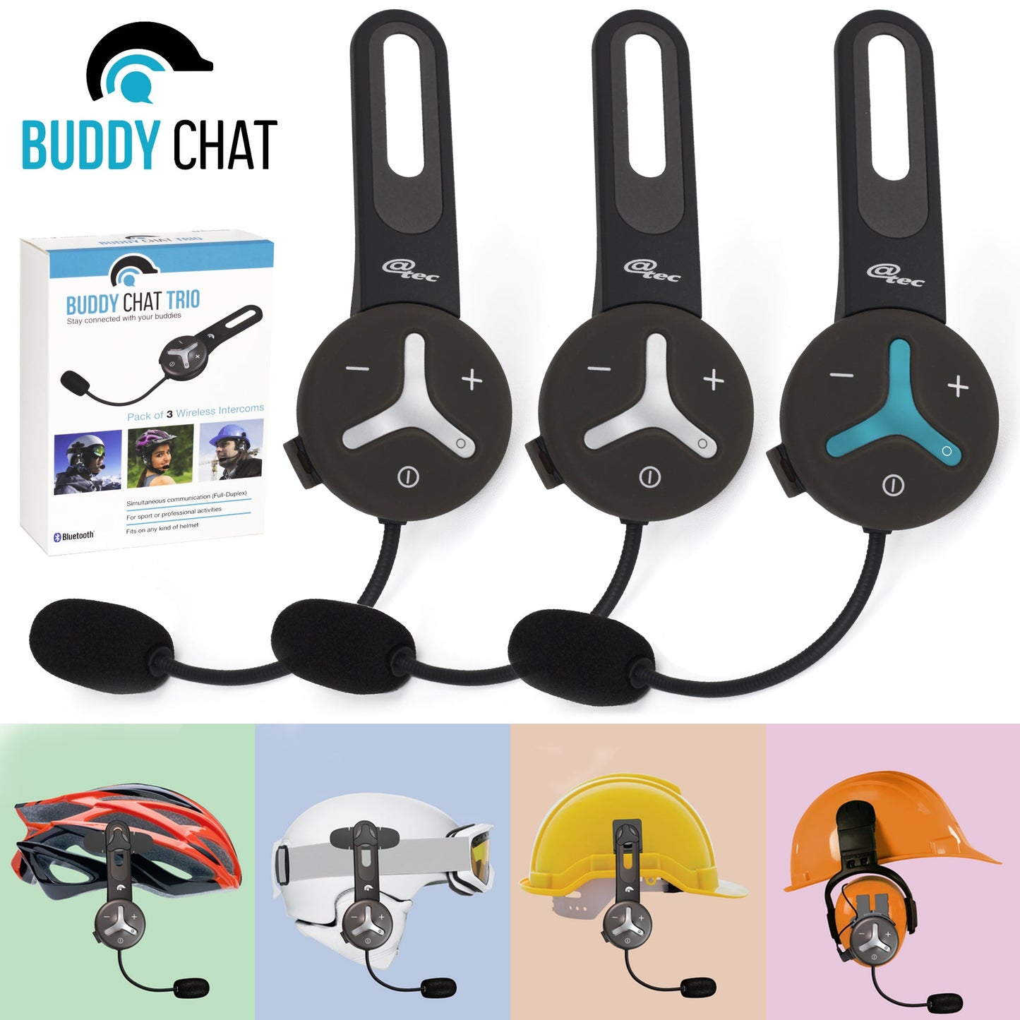 Bluetooth Helm Headset Buddy Chat Trio kompatibel mit allen Helmen und Smartphones