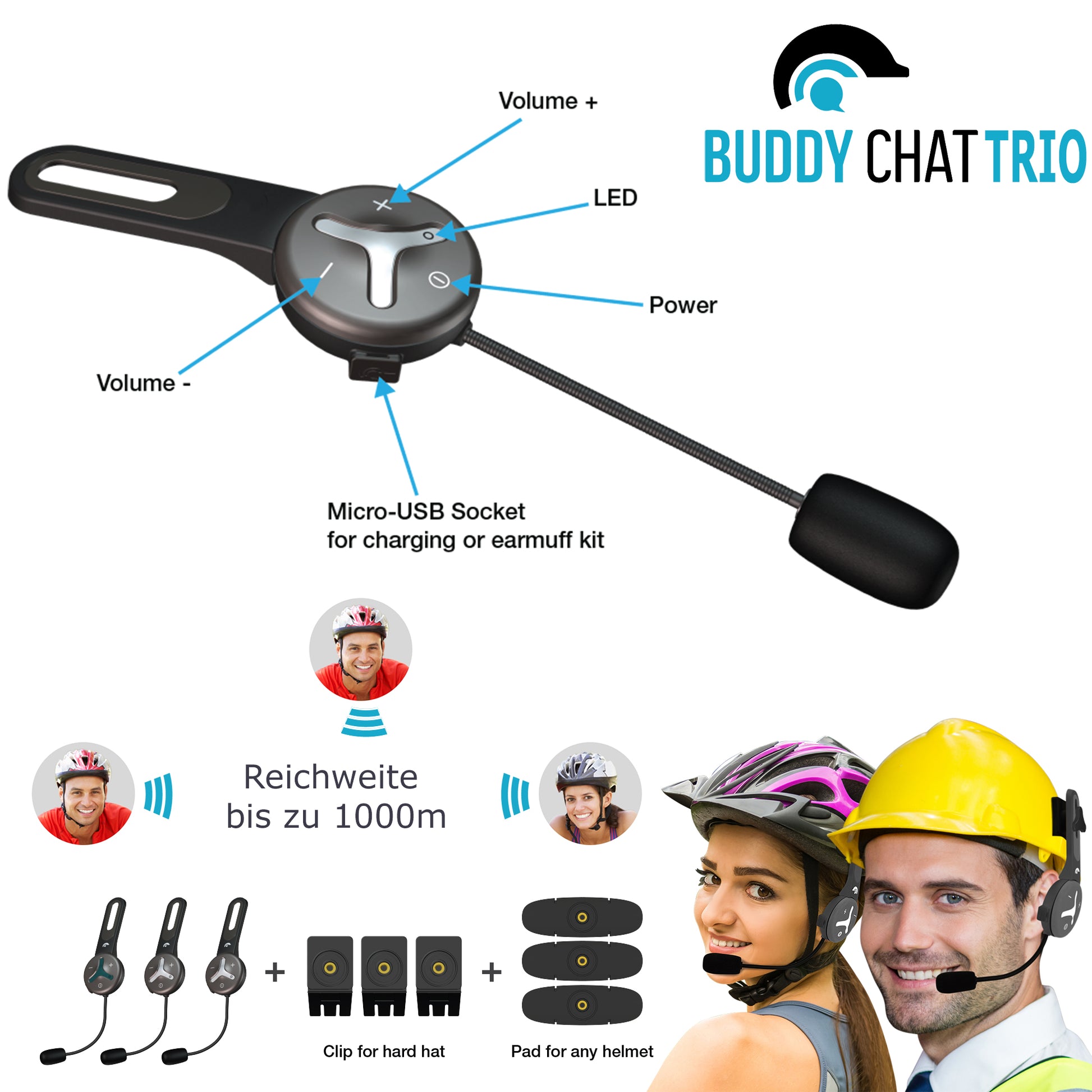 Buddy Chat Trio Helm Headset mit DSP-Geräuschunterdrückung für klare Kommunikation