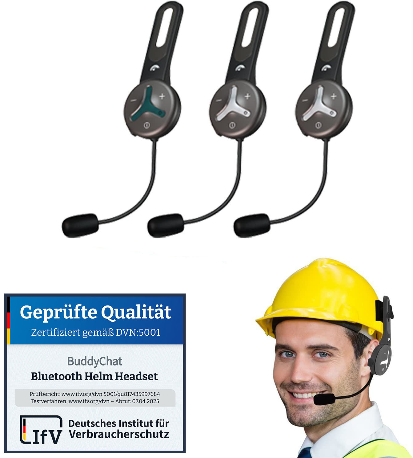Bluethooth Helmset Buddychat Trio mit Gütesiegel für Geprüfte Qualtität von Deutsche Institut für Verbraucherschutz