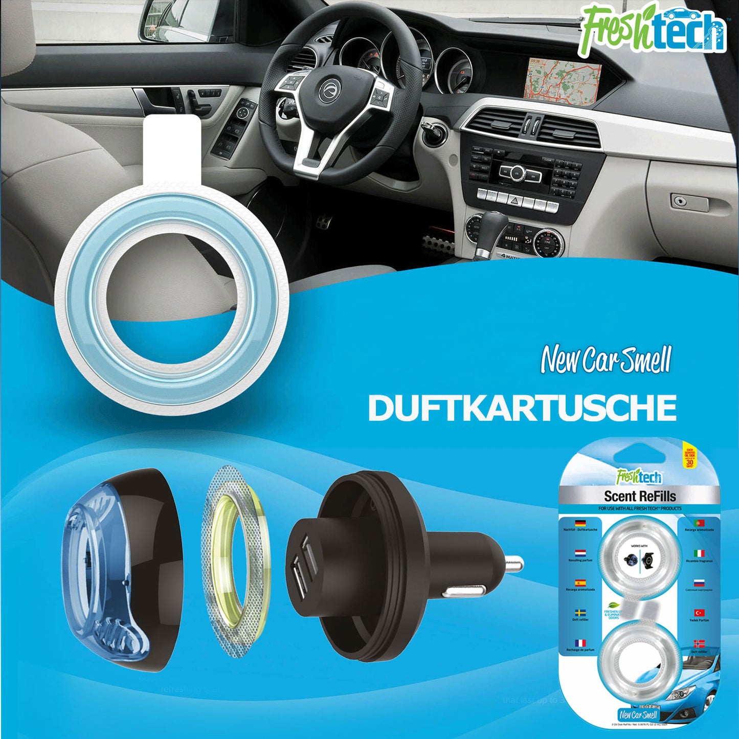 Nachfüllpack mit Ersatzkartuschen New Car Smell für FreshTech Dual USB Charger mit Lufterfrischer