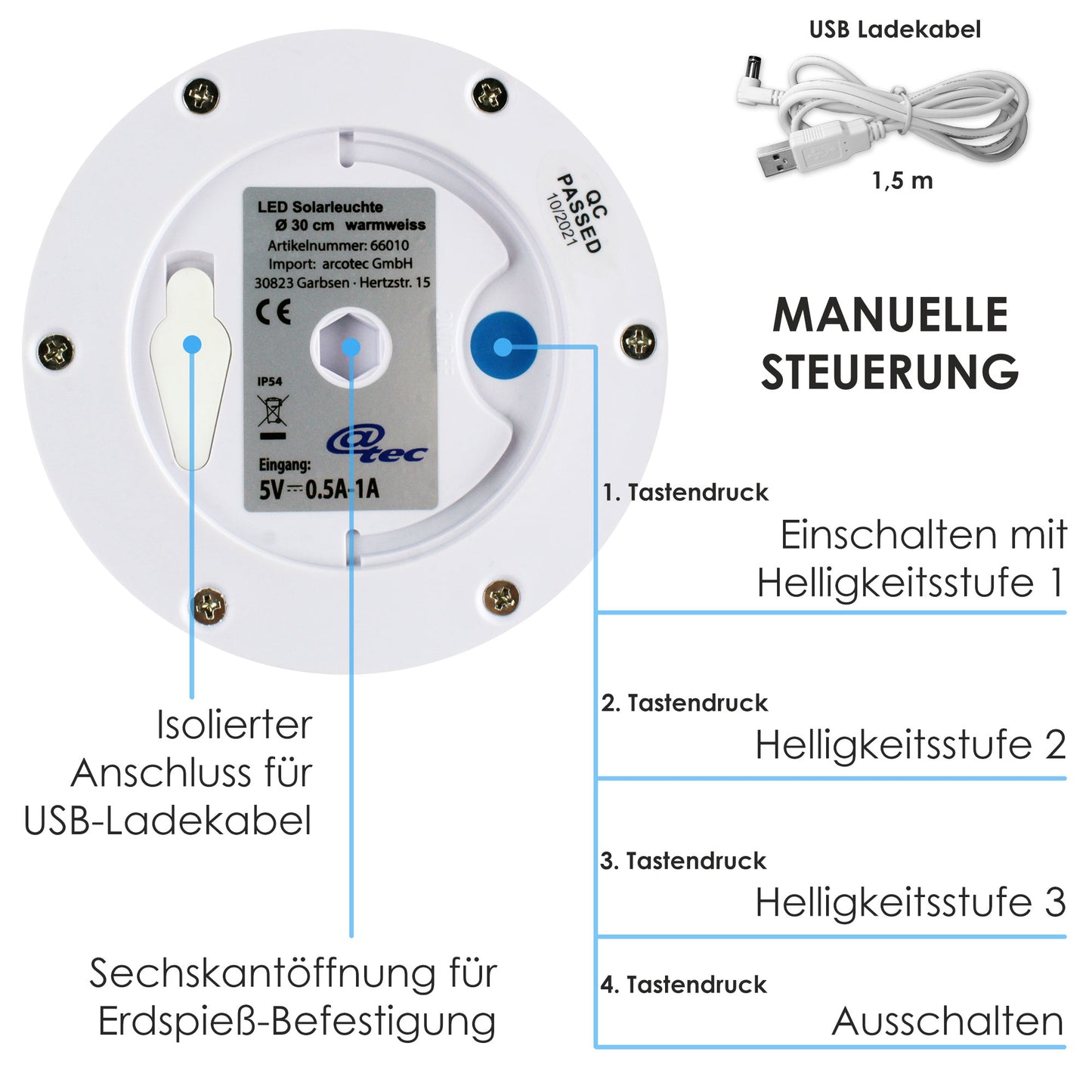 LED Solar Licht 30cm mit zusätzlichem USB Ladekabel für bewölkte Tage