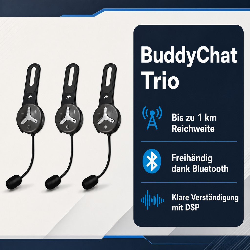 BuddyChat Trio Intercom System für Motorradfahrer mit 15 Stunden Gesprächszeit