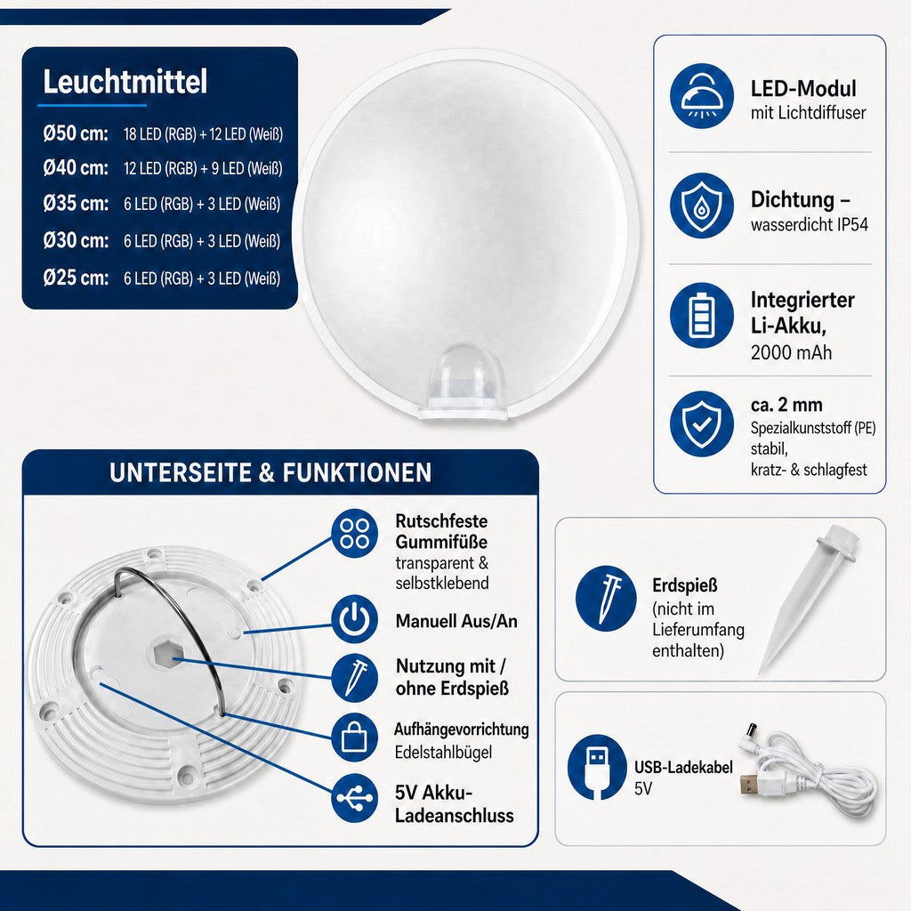 LED Kugelleuchte Akku 40 cm
