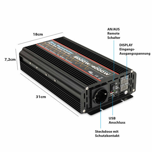 Anschlüße des 12V und 24V 2000W Inverters, Vorderseite