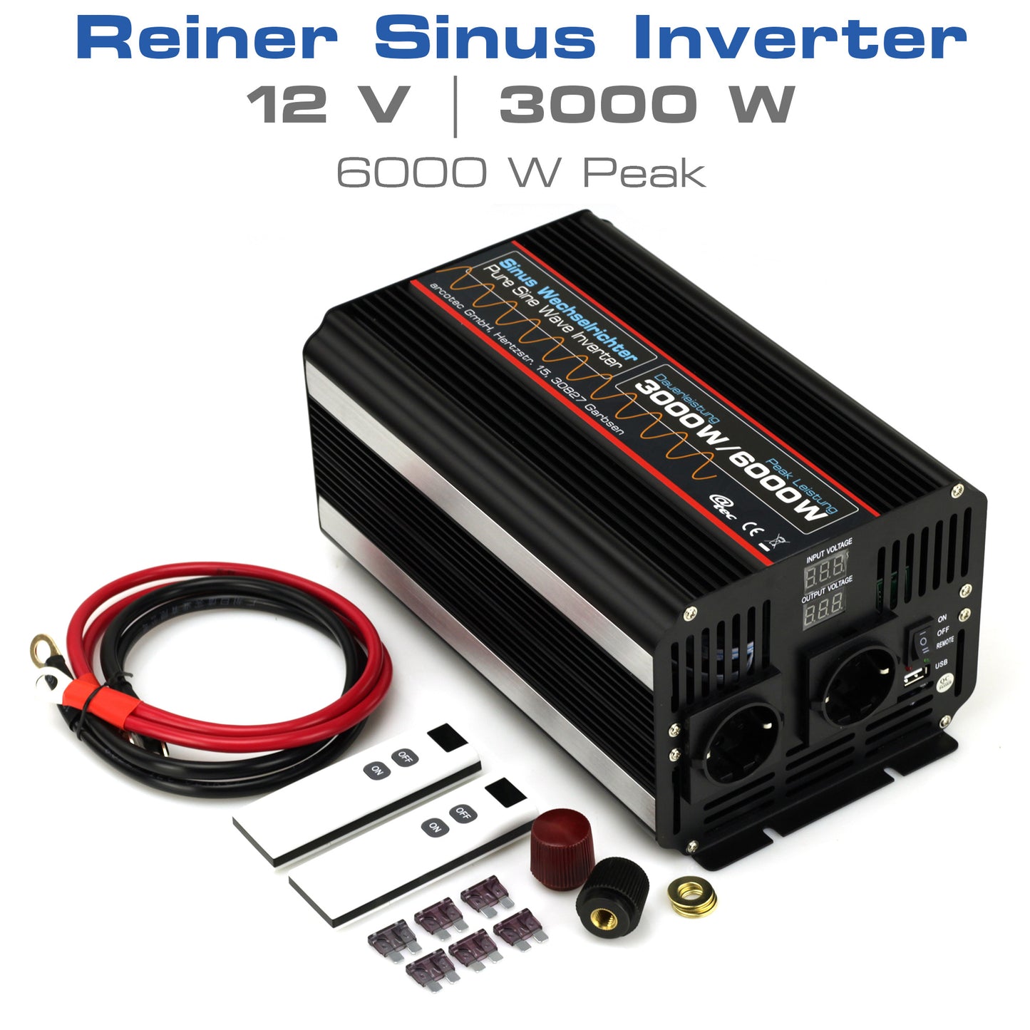 @tec Reiner Sinus Wechselrichter 2000W/3000W Spannungswandler Inverter mit Fernbedienung 12V 24V Peak Leistung 4000W/6000W