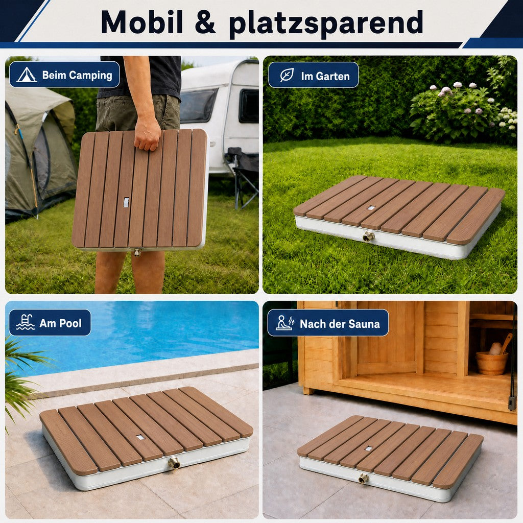 Mobile und platzsparende Dusche aus WPC für Outdoor