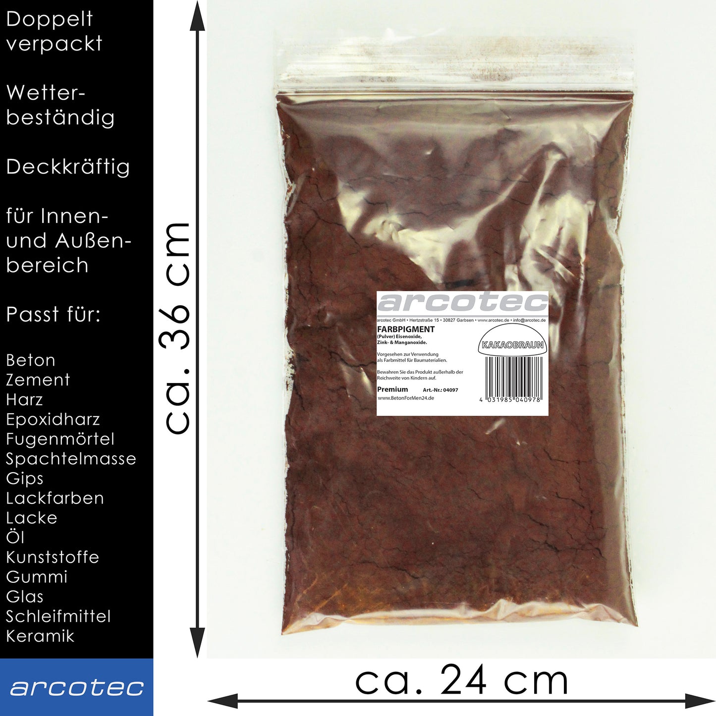 Kakaobraun Eisenoxidfarbe für Beton / Zement / Gips / Putz / Harz / Öl - 1kg Verpackung