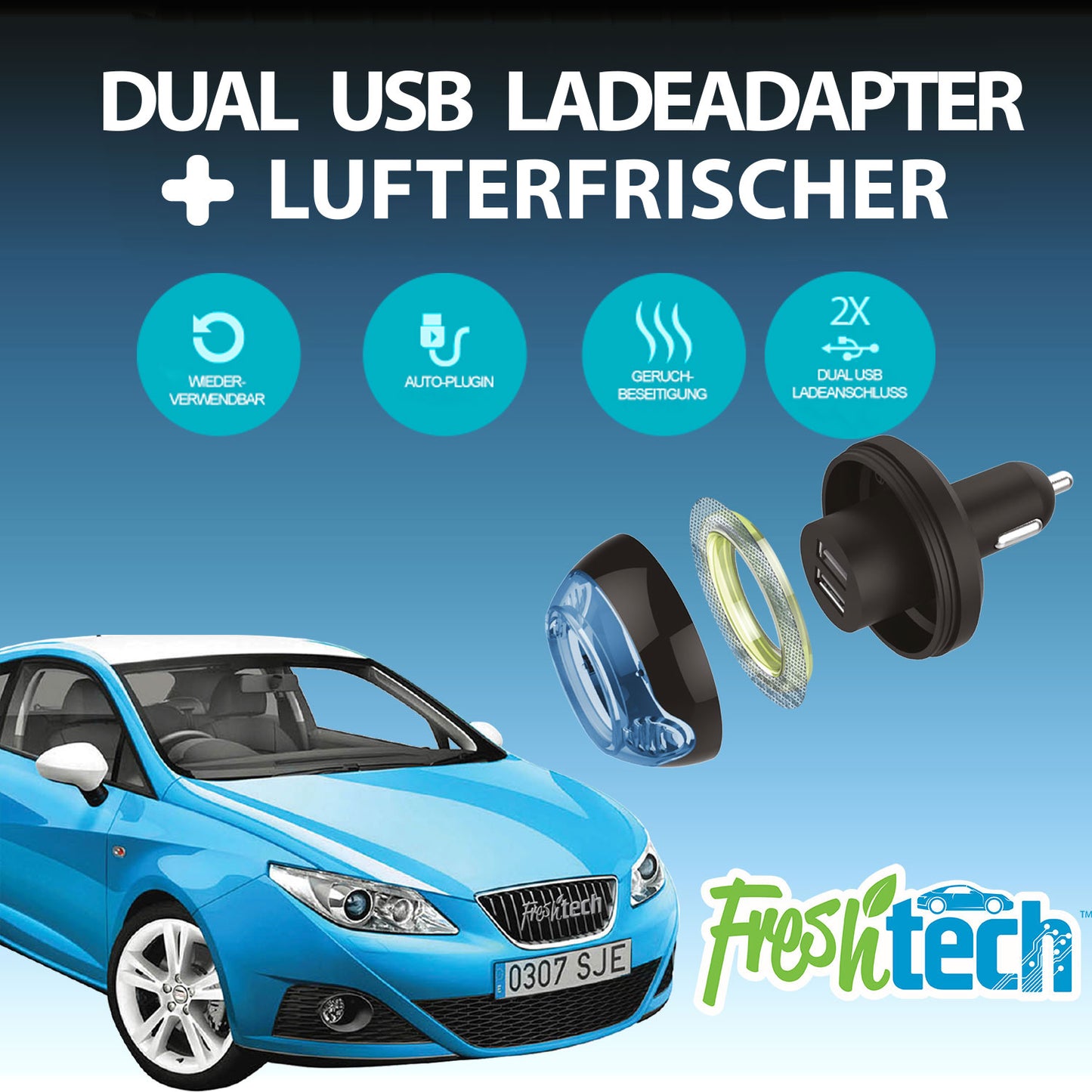 FreshTech KFZ Dual USB Charger und Lufterfirscher – attec24
