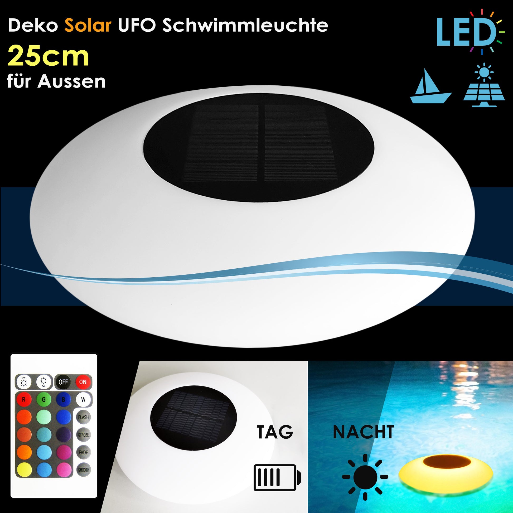 LED schwimmende UFO Solar Lampe 25cm mit Fernbedienung