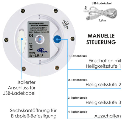 LED Solar Licht 30cm mit zusätzlichem USB Ladekabel für bewölkte Tage