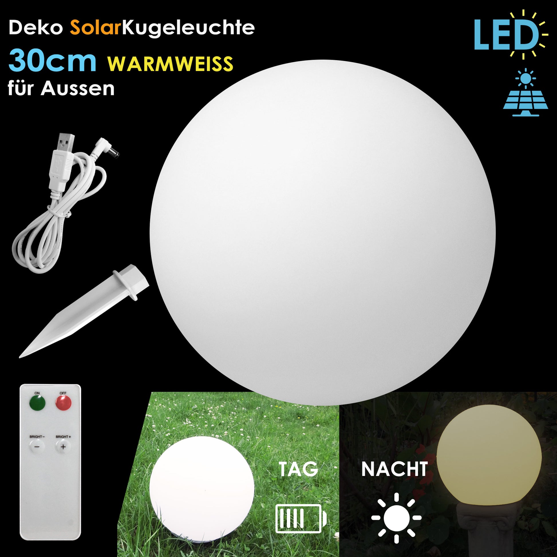 LED Solar Kugellampe 30cm warmweiss mit Fernbedienung 